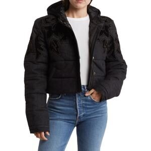 Free People Fleur De Lis Denim Black Puffer Jacket Size XL